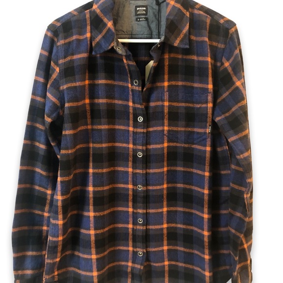 NWT PrAna Golden Canyon Blue/Burnt Orange/Black Snap Flannel Rich Sapphire - Picture 4 of 13